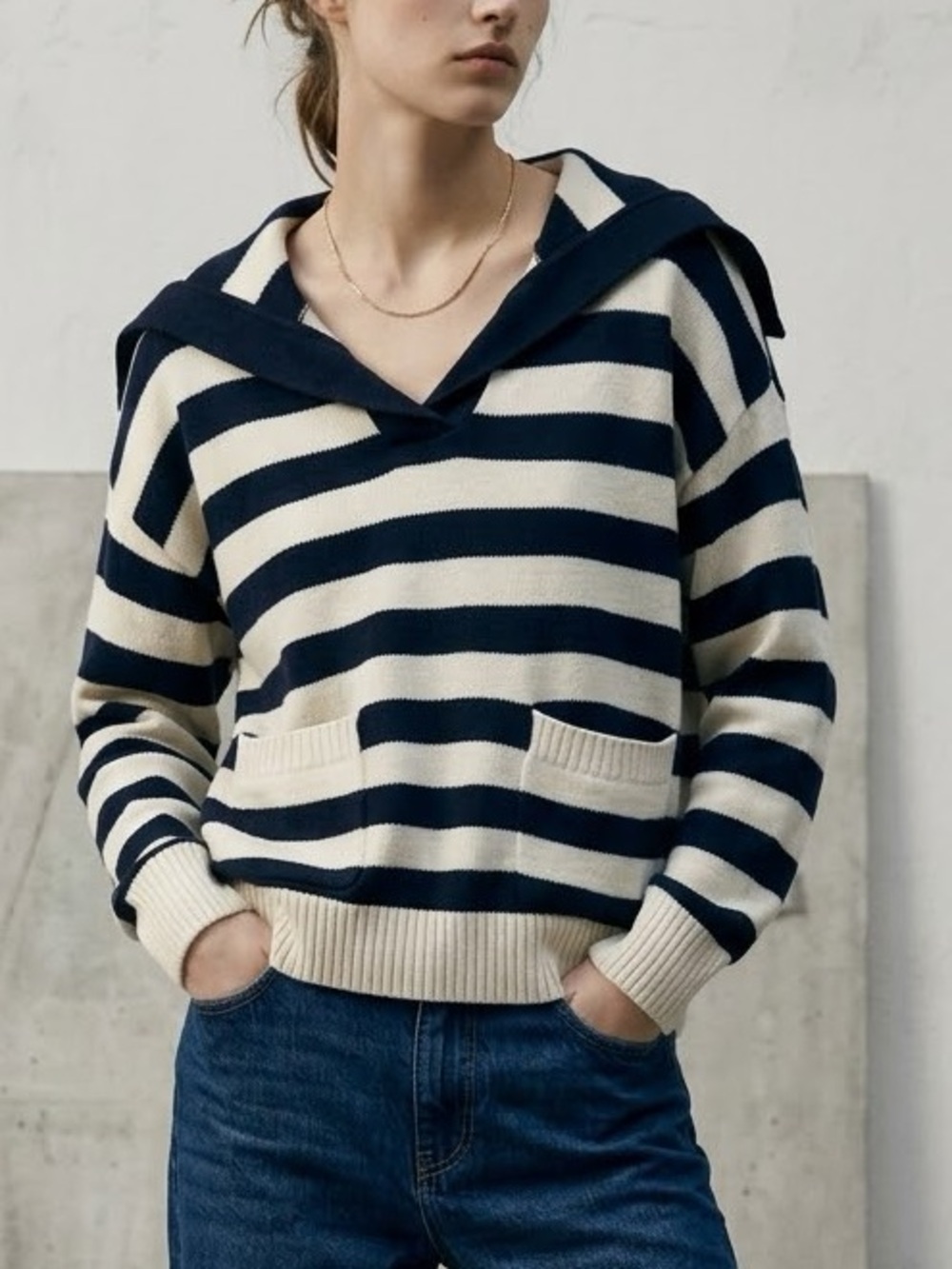 Zara Navy Blue and Cream Striped Shoulder Sweater size Small